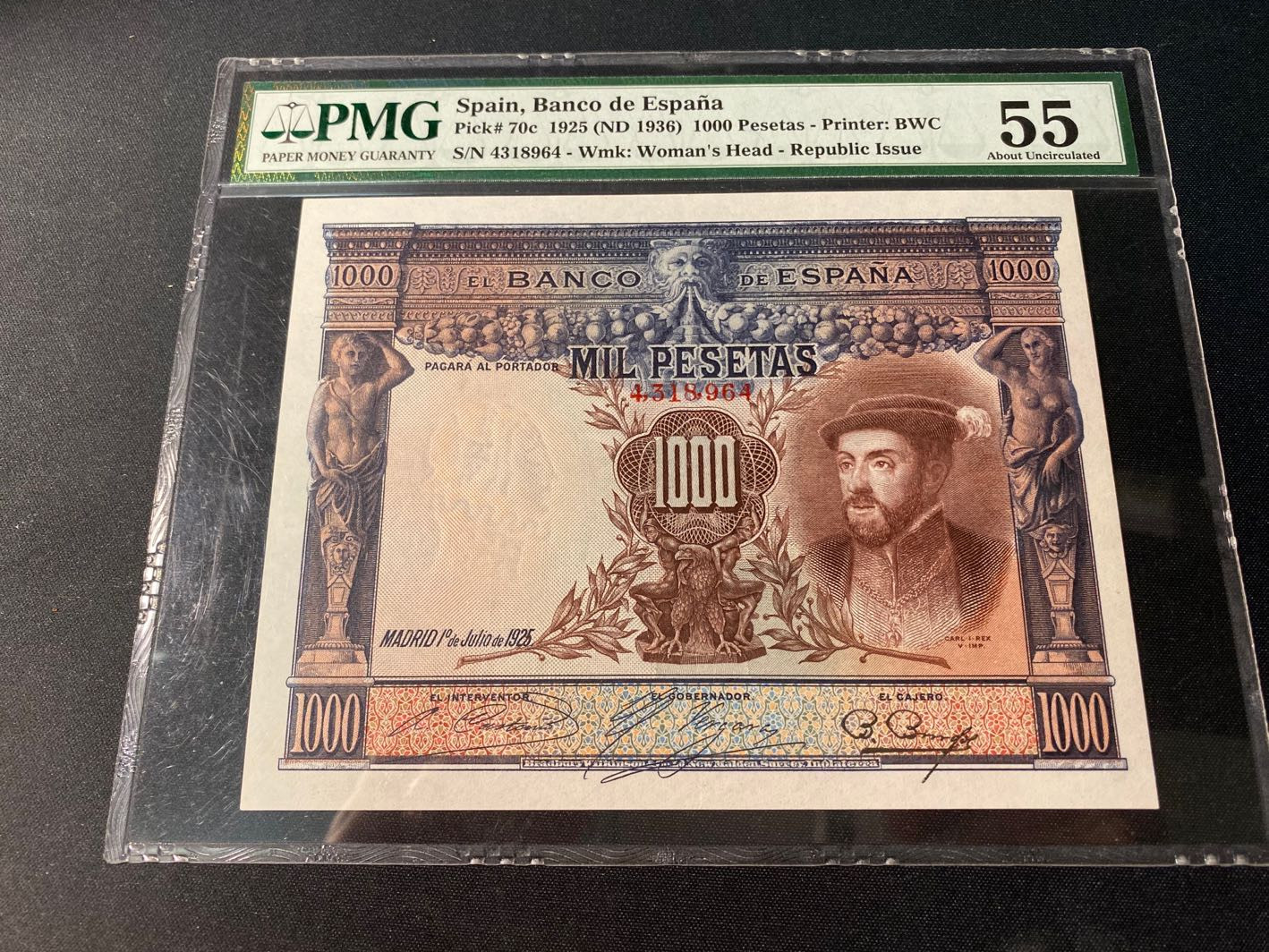 【收藏联盟】第129期拍卖——撒哈拉的黑珍珠（共50拍） 西班牙 1925年 1000比塞塔 BWC出品 大方块 雕刻精美