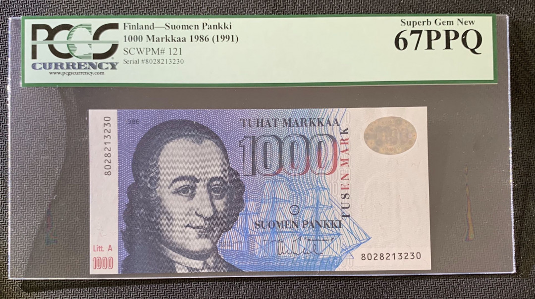 紫瑗钱币—微拍第39期—纸币场 芬兰 1991年 1000马克 PCGS 67 PPQ