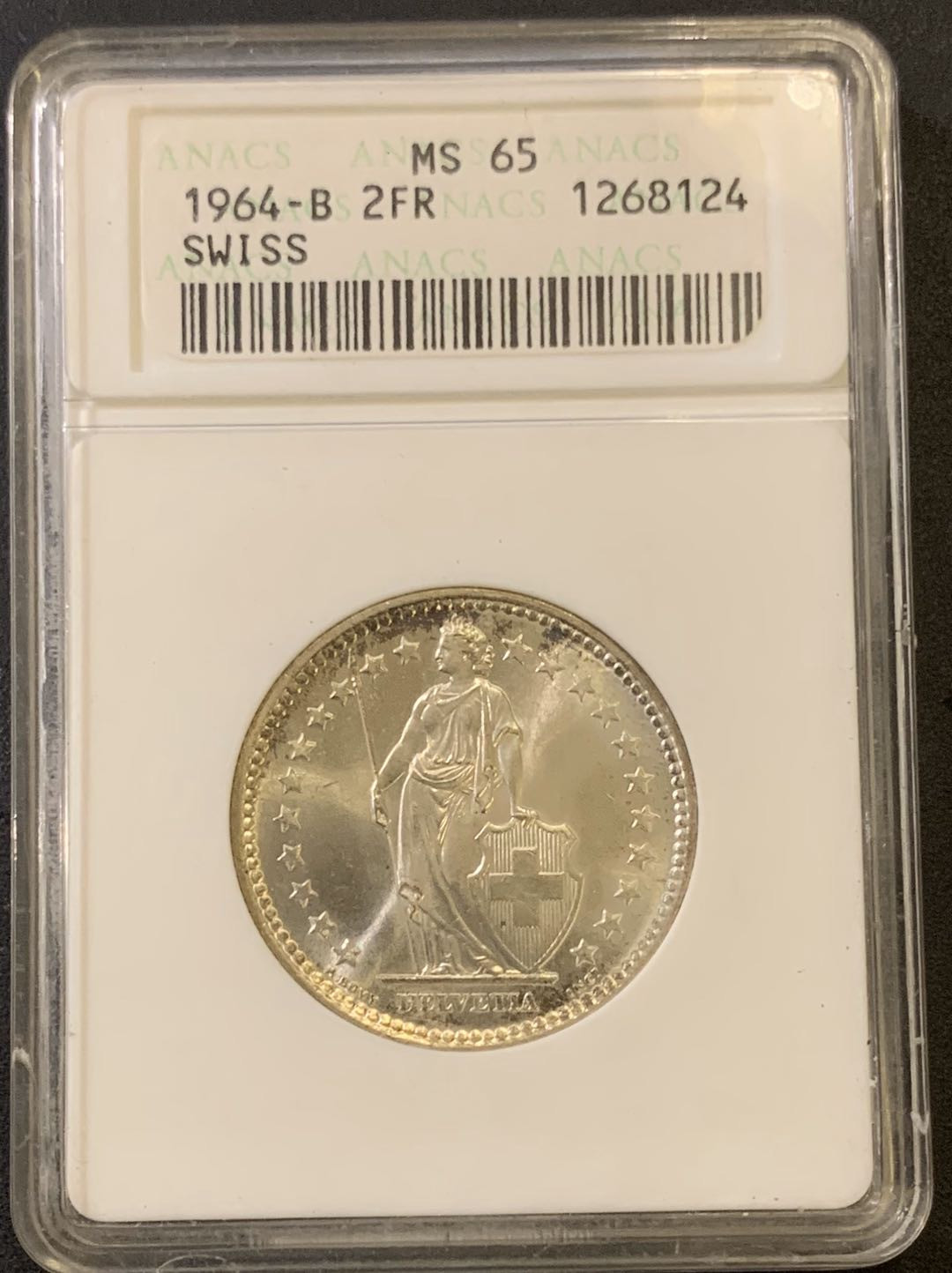 紫瑗钱币—微拍第40期  瑞士 1964年 2法郎 ANACS MS65 经典小白盒