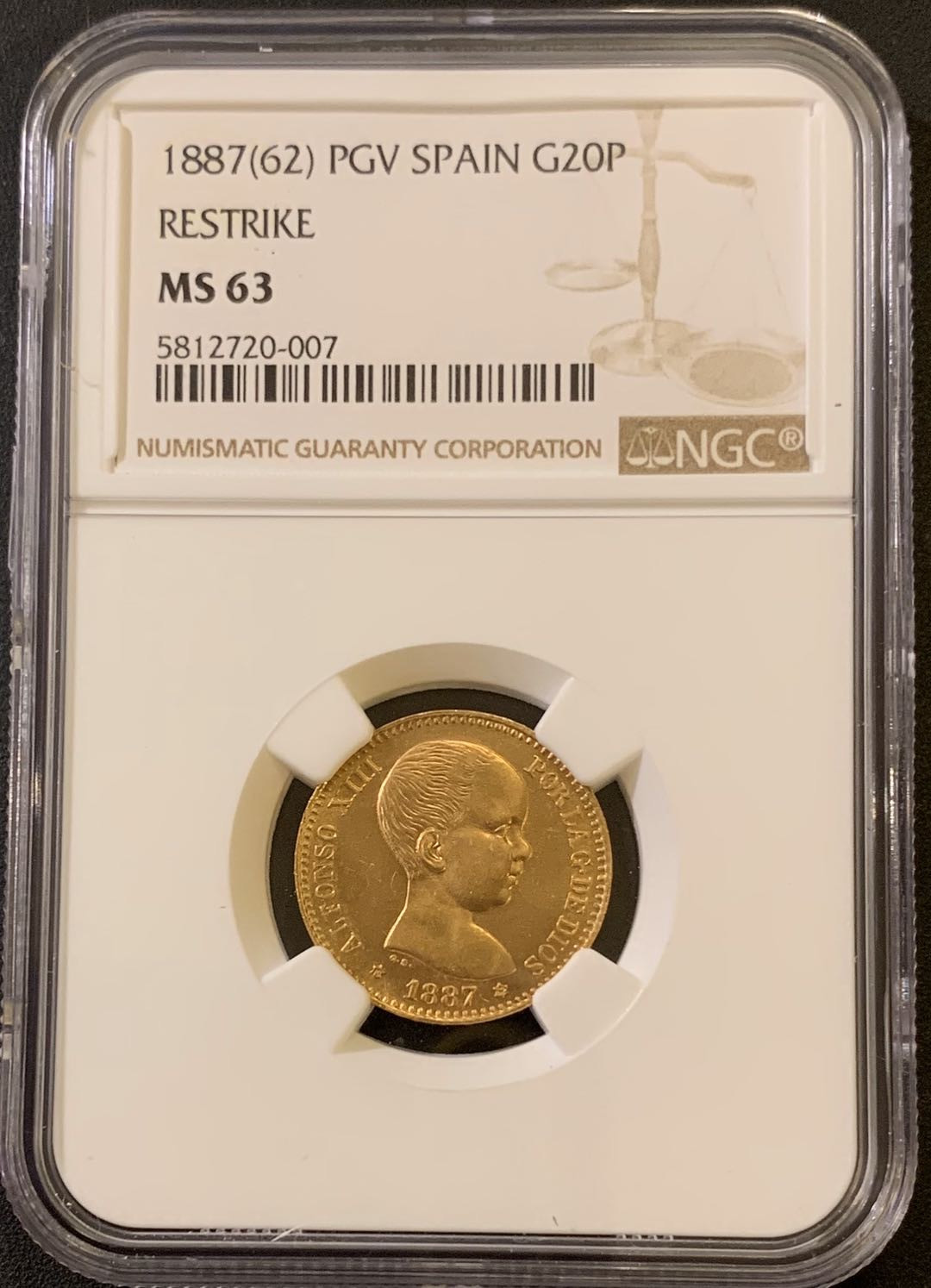 紫瑗钱币—微拍第40期  西班牙 1887年 阿方索十三世 婴儿头 20比塞塔 NGC MS63