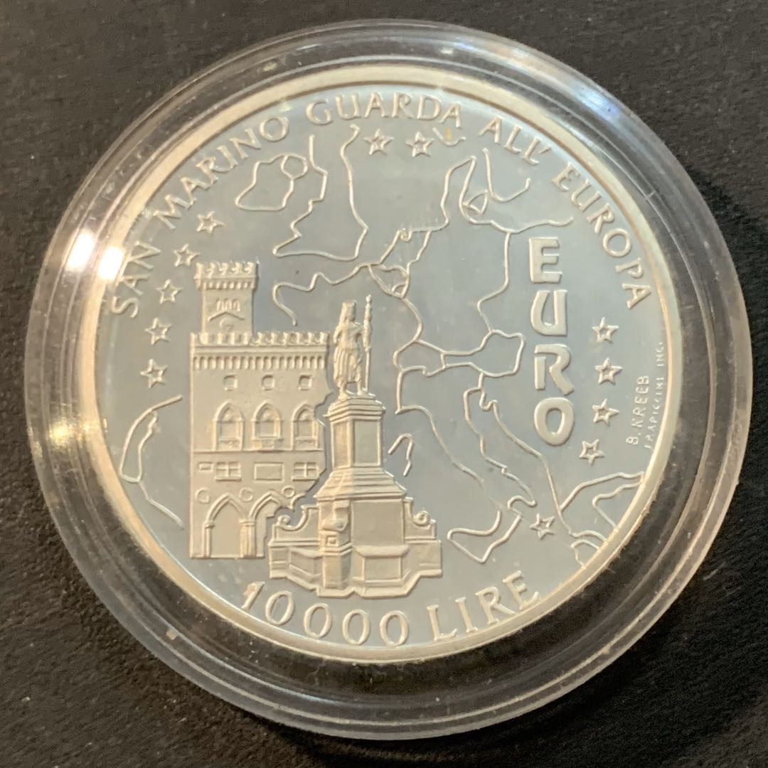 紫瑗钱币—微拍第41期  圣马力诺 1996年 保卫欧洲 10000里拉 22克 0.835银 精制