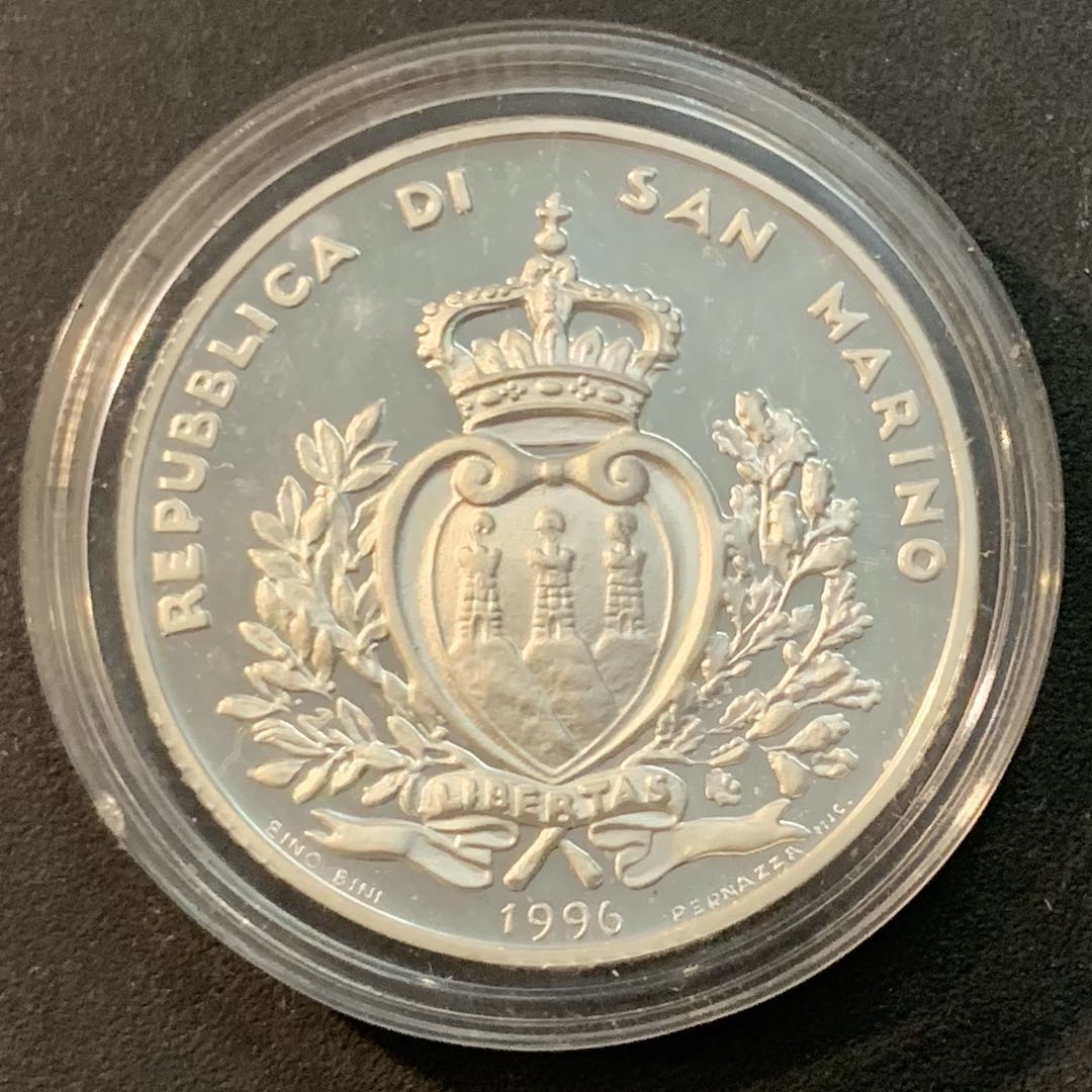 紫瑗钱币—微拍第41期  圣马力诺 1996年 保卫欧洲 10000里拉 22克 0.835银 精制
