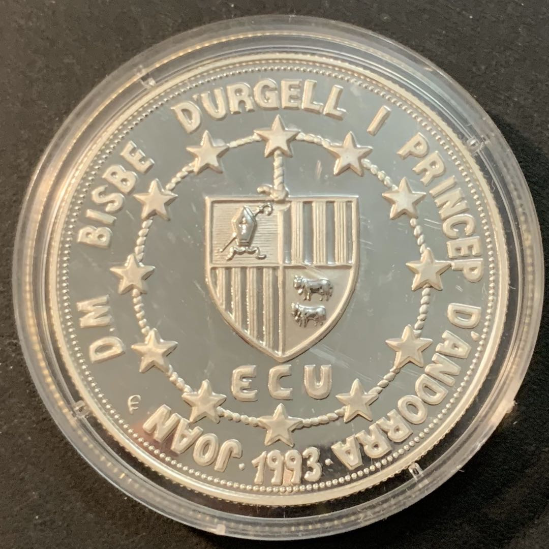 紫瑗钱币—微拍第41期  安道尔 1993年 欧洲关税同盟 10第纳尔 31.47克 0.925银 精制