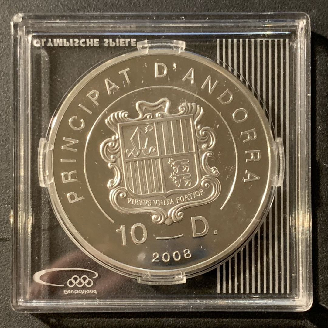 紫瑗钱币—微拍第41期  安道尔 2008年  温哥华冬奥会 滑雪 10第纳尔 28.28克 0.925银 精制