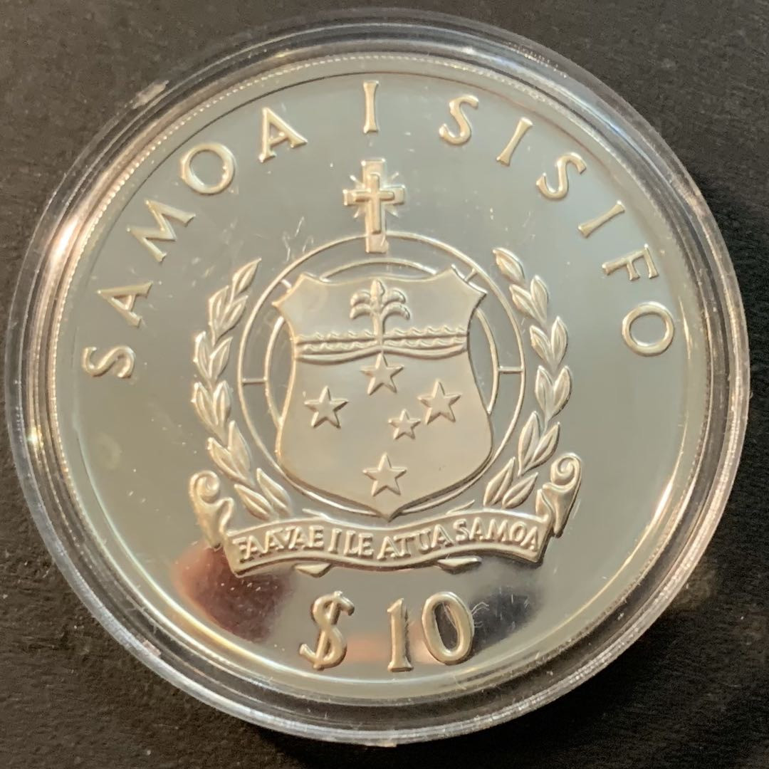 紫瑗钱币—微拍第41期  萨摩亚 1991年  巴塞罗那奥运会 铅球 10元 31.47克 0.925银 精制