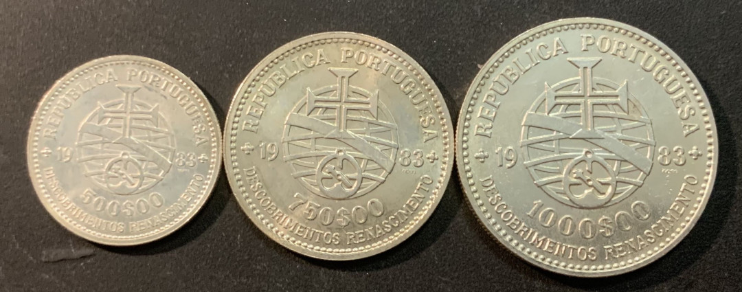 紫瑗钱币—微拍第41期  葡萄牙 1983年 17届欧洲博览会 500 750 1000埃斯库多 三枚 共40.5克 0.835银 BU