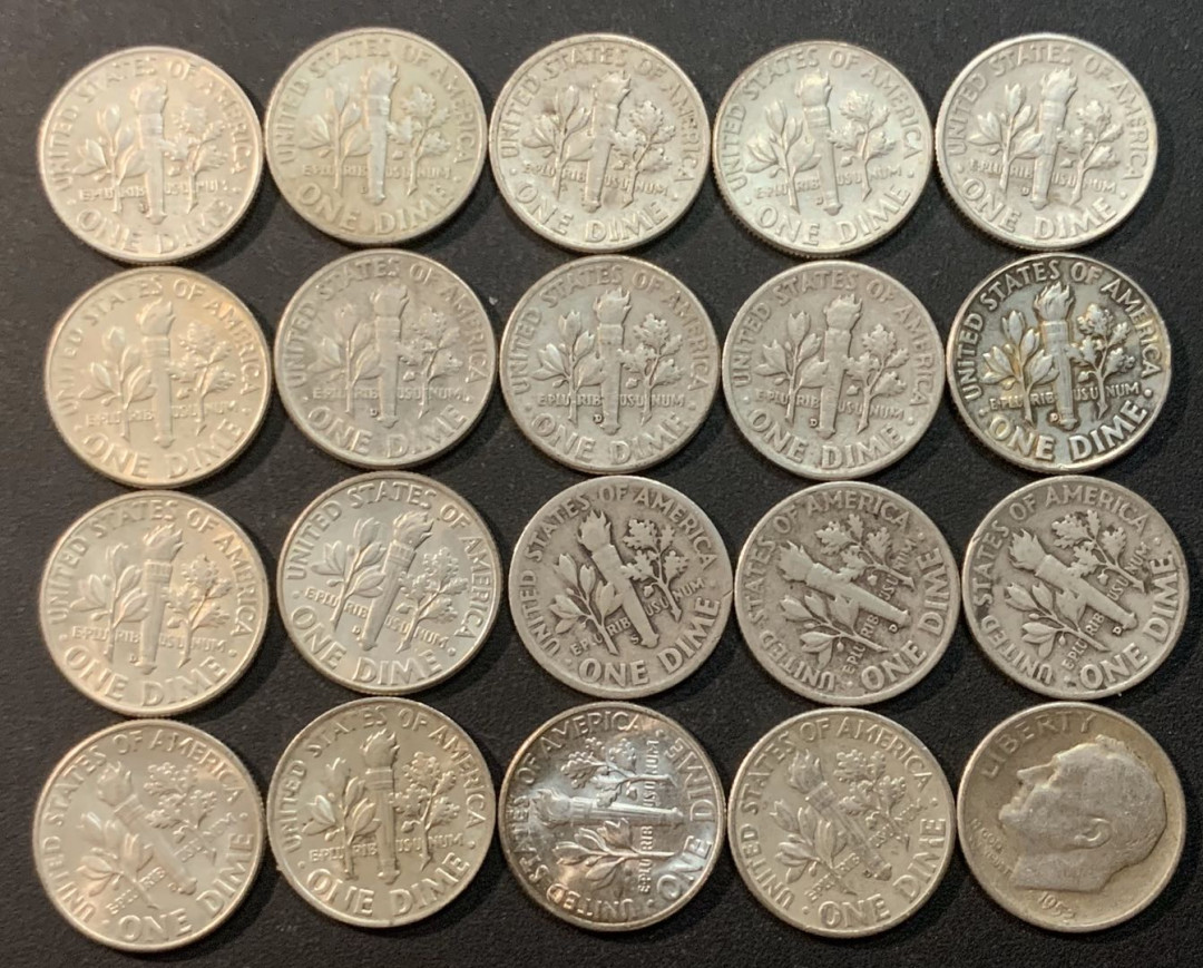 紫瑗钱币—微拍第41期  美国 1946—1964年 罗斯福 10美分 银币 20枚一组 共50克 0.9银