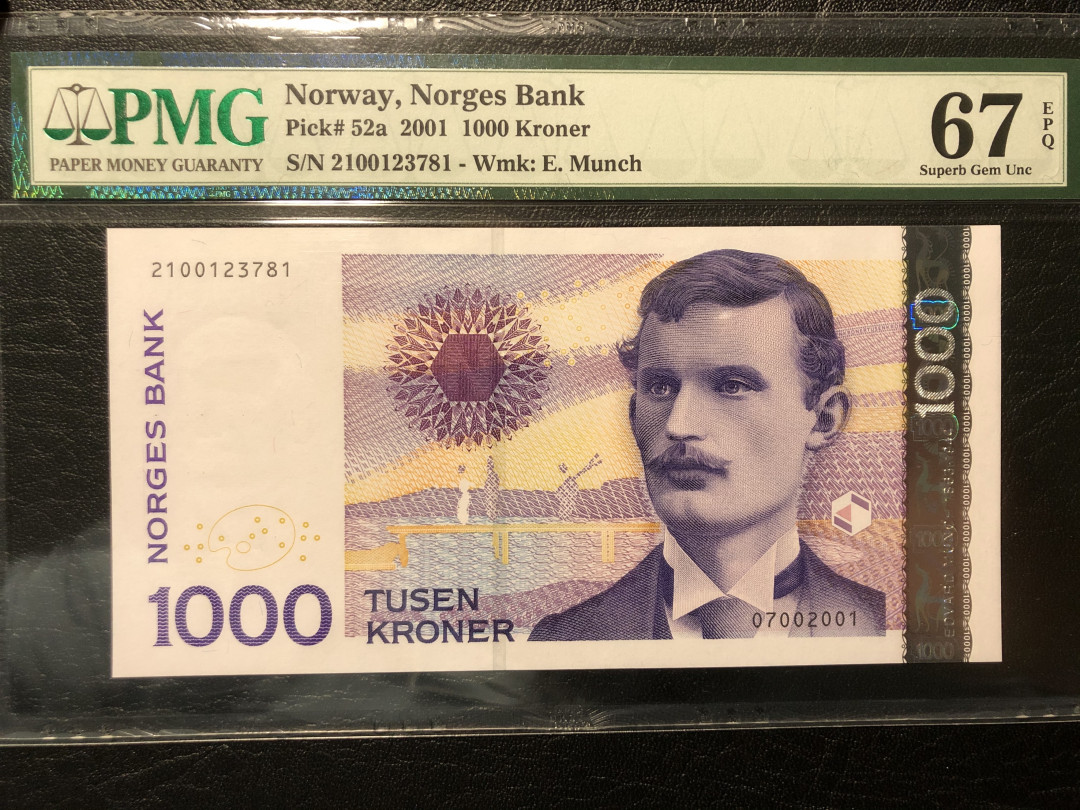 《外钞收藏家》第七十七期拍卖 挪威2001年1000克朗  初版 pmg67高分
