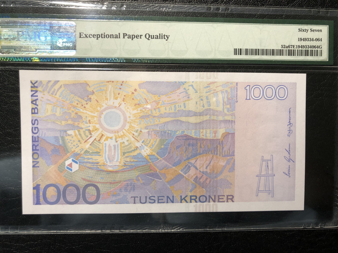 《外钞收藏家》第七十七期拍卖 挪威2001年1000克朗  初版 pmg67高分