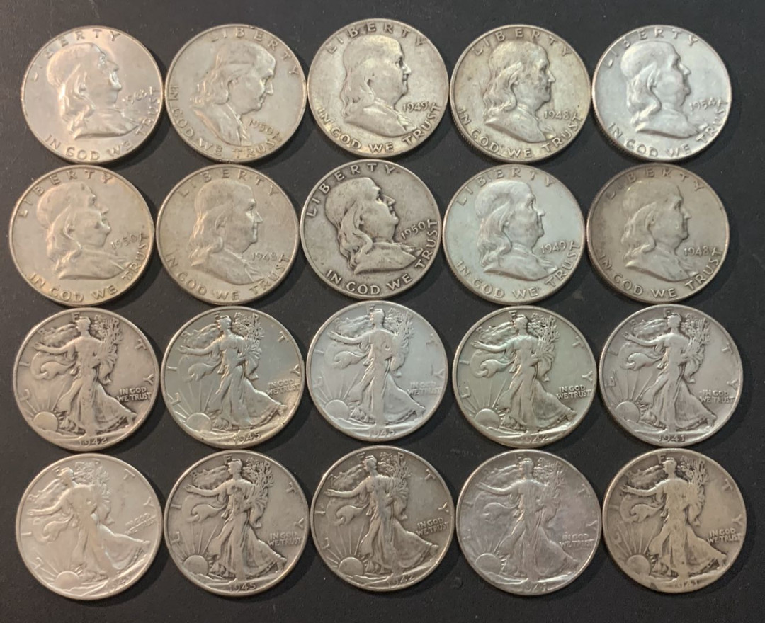 紫瑗钱币—微拍第41期  美国 行走和富兰克林 50美分 20枚一组 共250克 0.9银