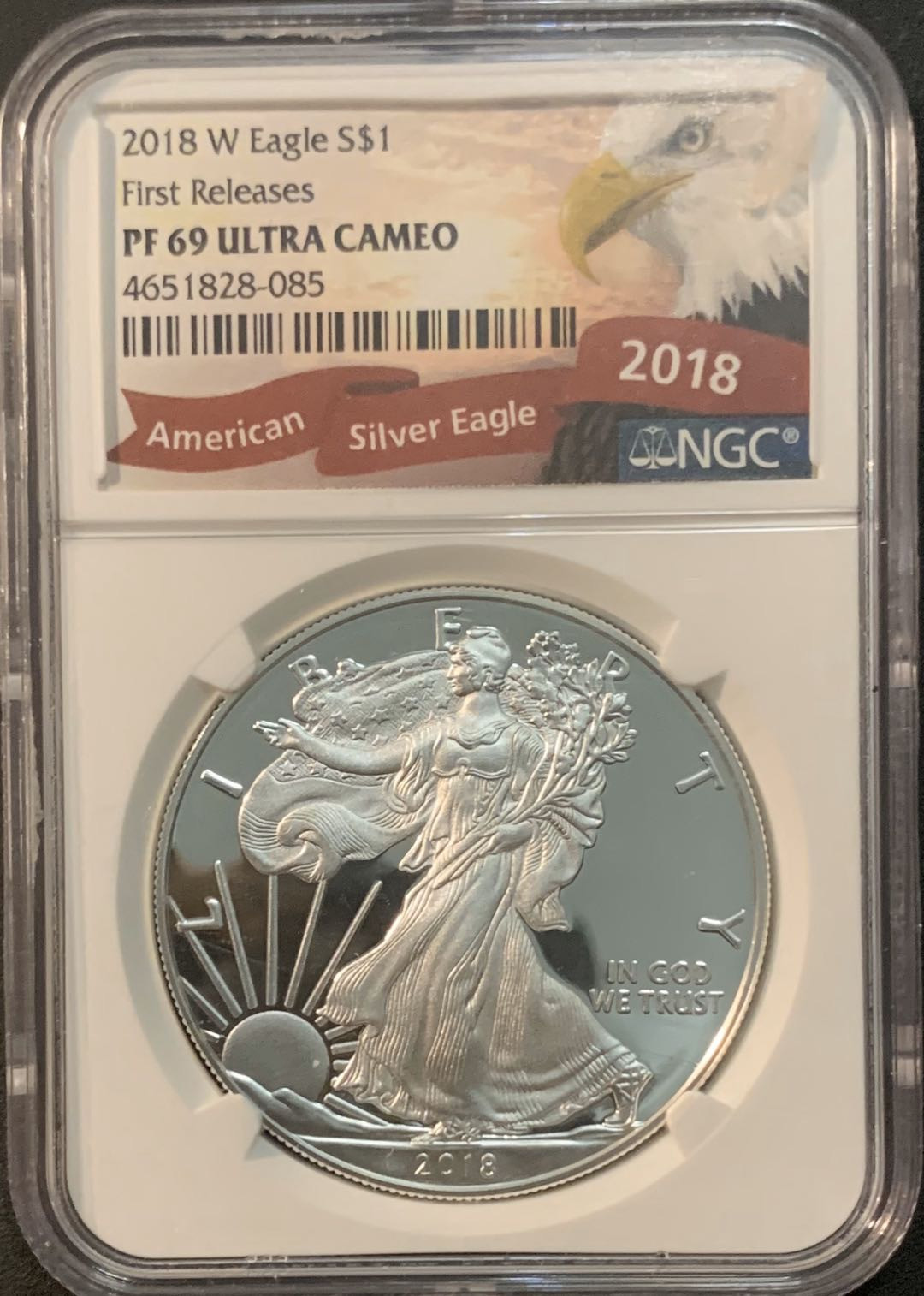 紫瑗钱币—微拍第41期  美国 2018年 W版 行走投资银 1美元 1盎司 精制 NGC PR69 UCAM 首期标签