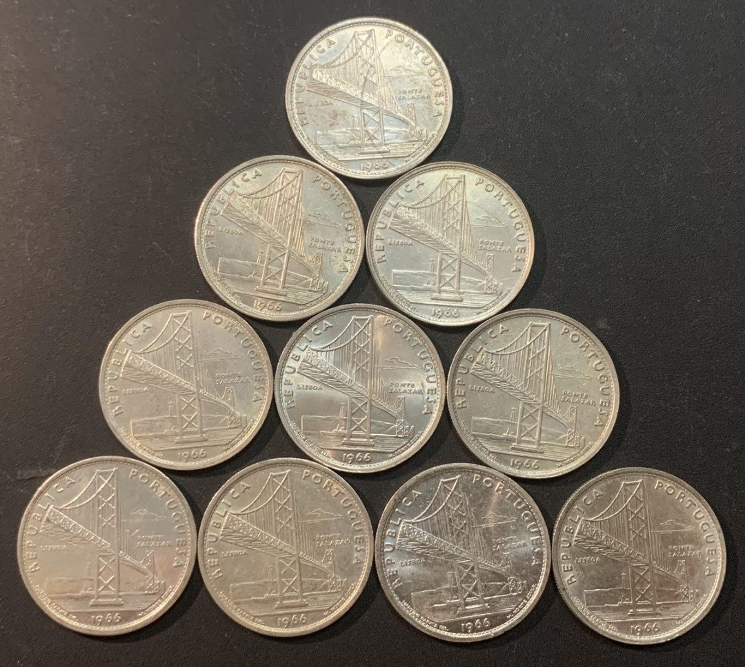 紫瑗钱币—微拍第41期  葡萄牙 1966年  里斯本大桥 20埃斯库多 10枚一组 共100克 0.65银