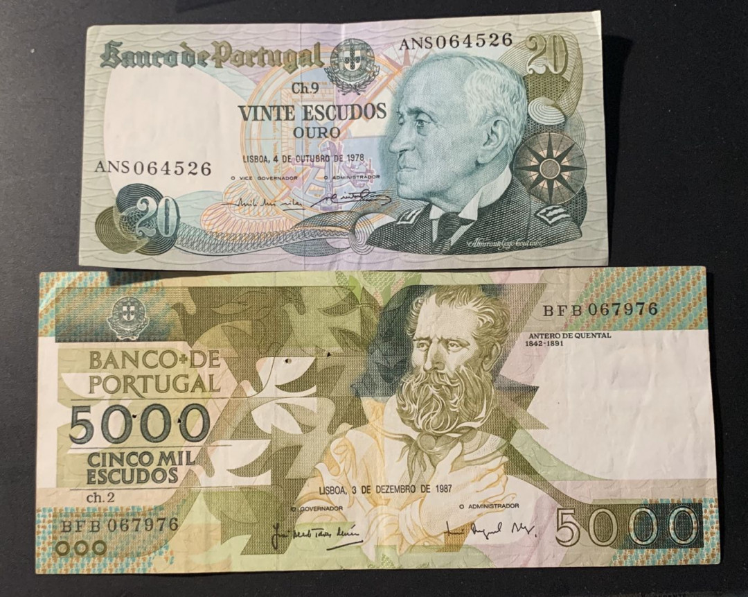 紫瑗钱币—微拍第42期—纸币场 葡萄牙 20 1000埃斯库多 2枚一组 流通品