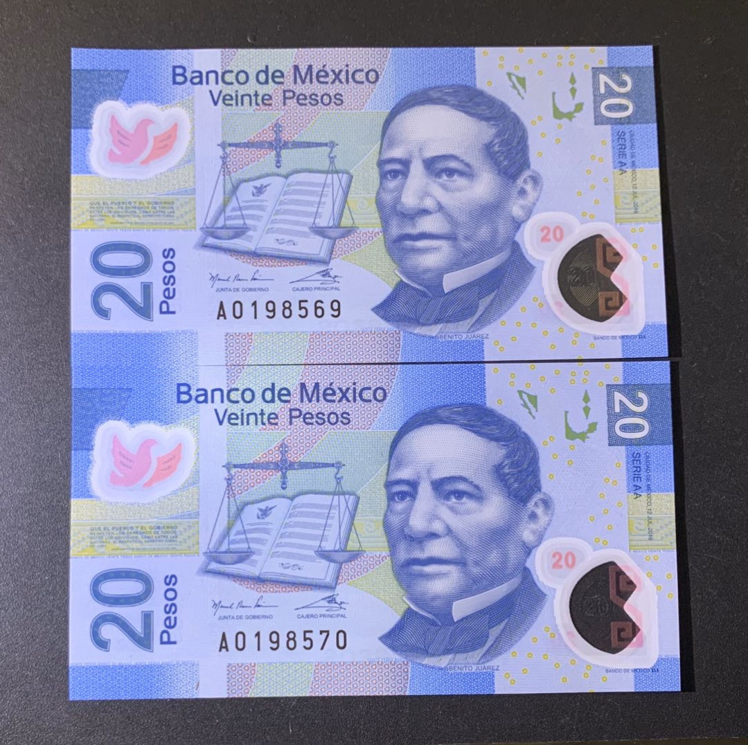 紫瑗钱币—微拍第42期—纸币场 墨西哥 2016年  20比索 塑料币 2枚一组 AA系列A冠 首发 UNC