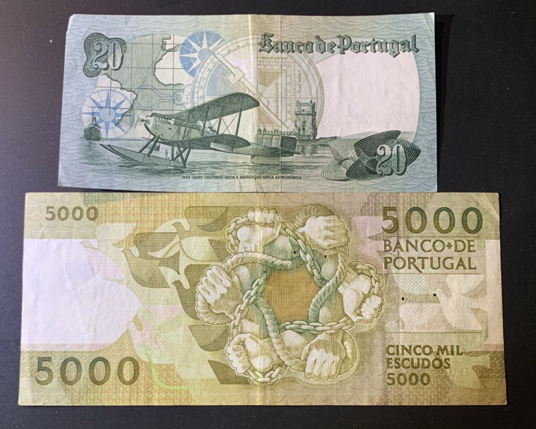 紫瑗钱币—微拍第42期—纸币场 葡萄牙 20 1000埃斯库多 2枚一组 流通品