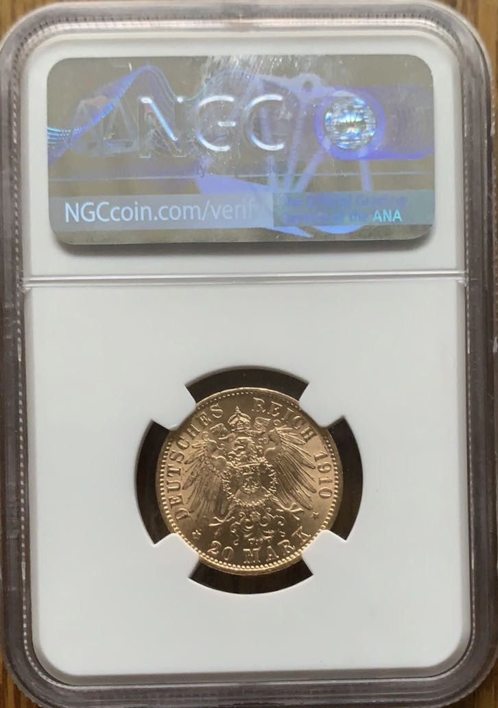 紫瑗钱币—微拍第43期  德国 普鲁士 1910年 威廉二世 20马克 7.965克 0.9金 NGC MS63