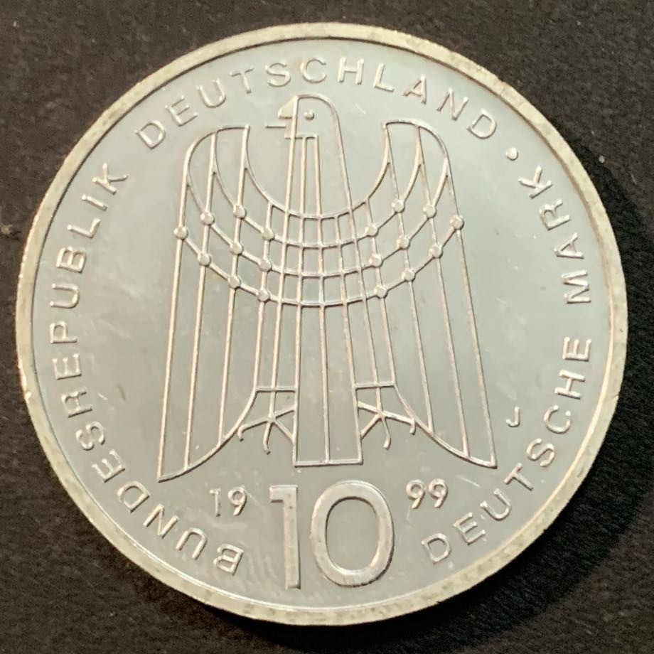 紫瑗钱币—微拍第43期  德国 1999年 J厂 SOS儿童村50周年 10马克 15.5克 0.925银 精制