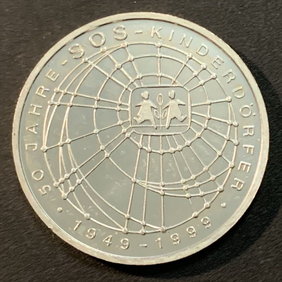 紫瑗钱币—微拍第43期  德国 1999年 J厂 SOS儿童村50周年 10马克 15.5克 0.925银 精制