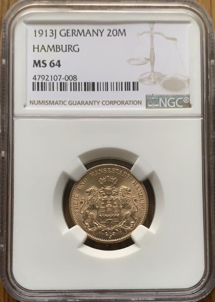 紫瑗钱币—微拍第43期  德国 汉堡 1913年 20马克 金币 7.965克 0.9金 NGC MS64