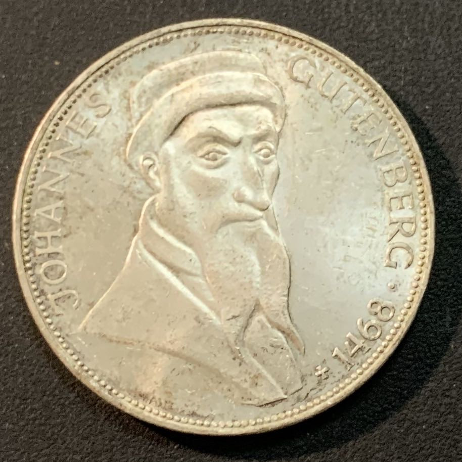 紫瑗钱币—微拍第43期  德国 1968年 G厂 古登贝格500周年 5马克 11.2克 0.625银