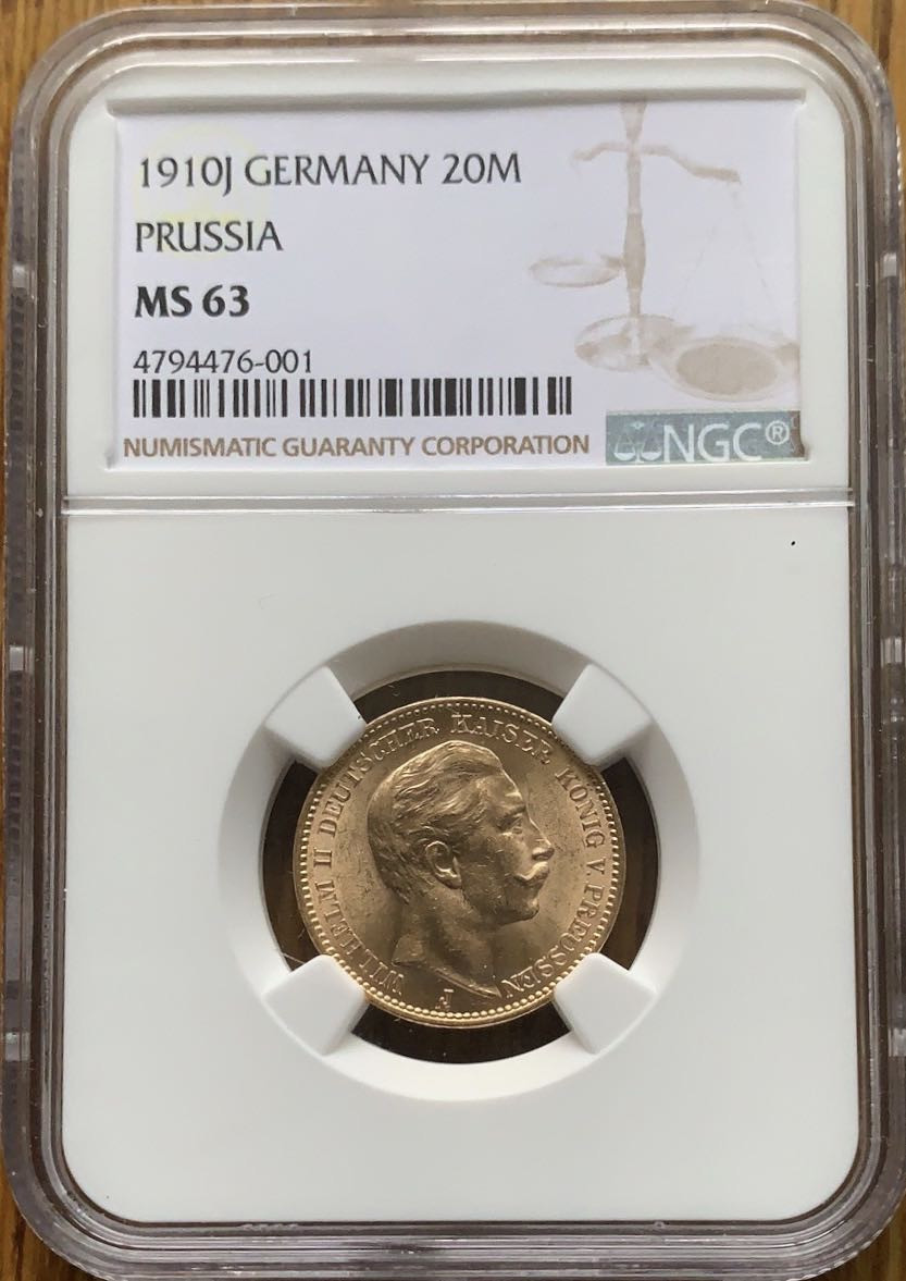 紫瑗钱币—微拍第43期  德国 普鲁士 1910年 威廉二世 20马克 7.965克 0.9金 NGC MS63