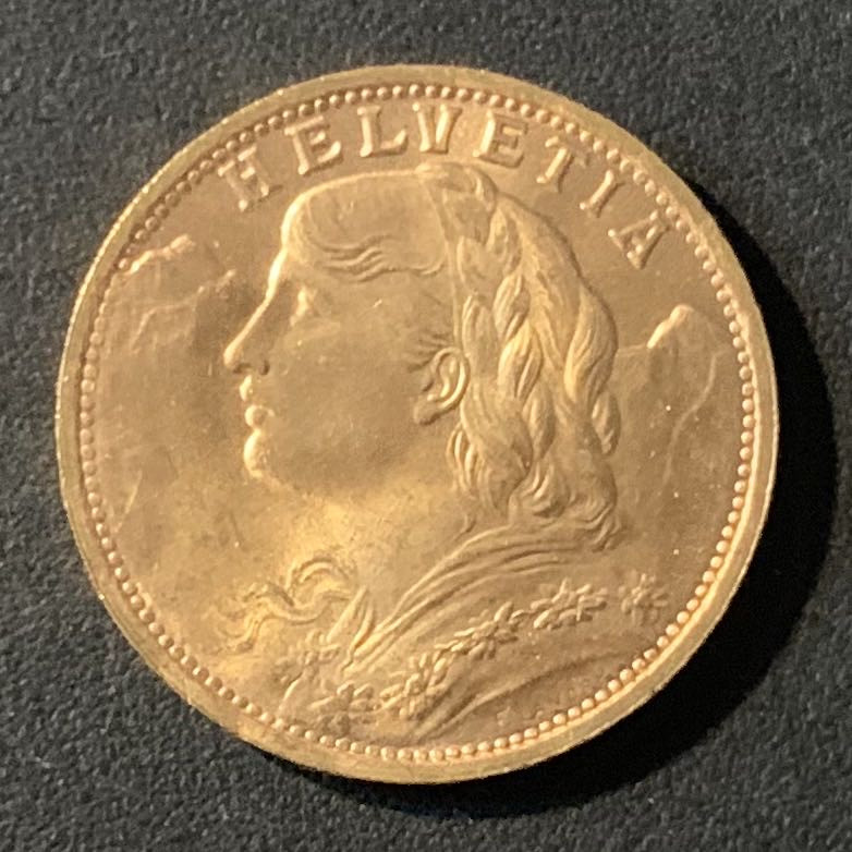 紫瑗钱币—微拍第43期  瑞士 1935年 雪山女神 20法郎 6.45克 0.9金 UNC