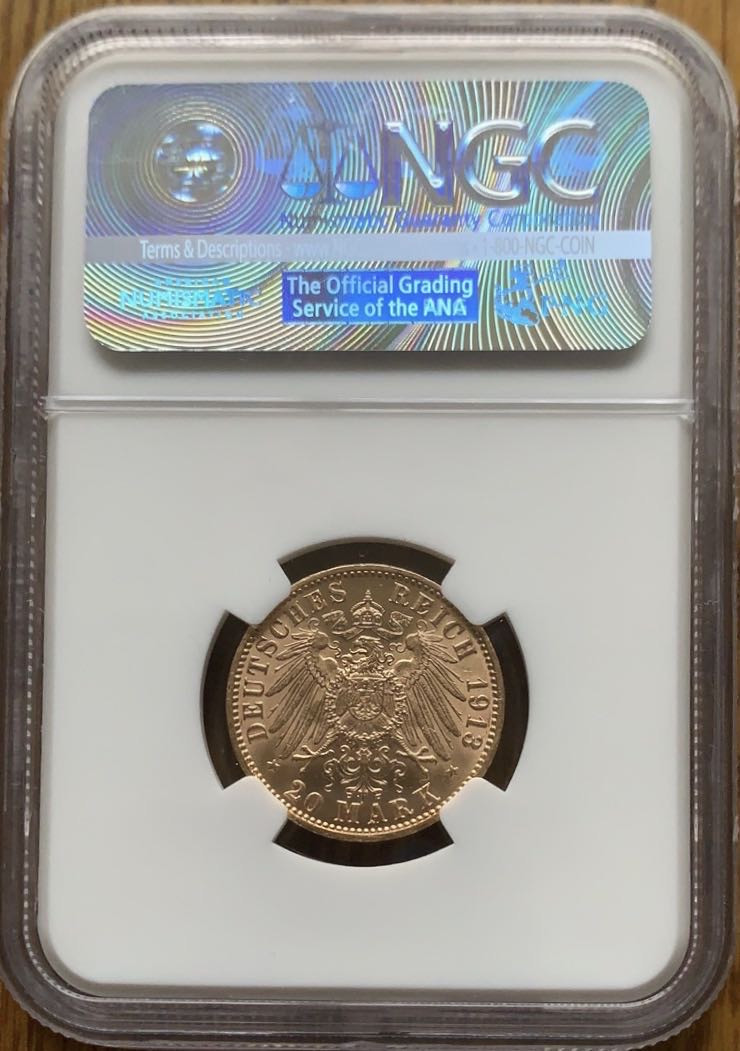 紫瑗钱币—微拍第43期  德国 汉堡 1913年 20马克 金币 7.965克 0.9金 NGC MS64