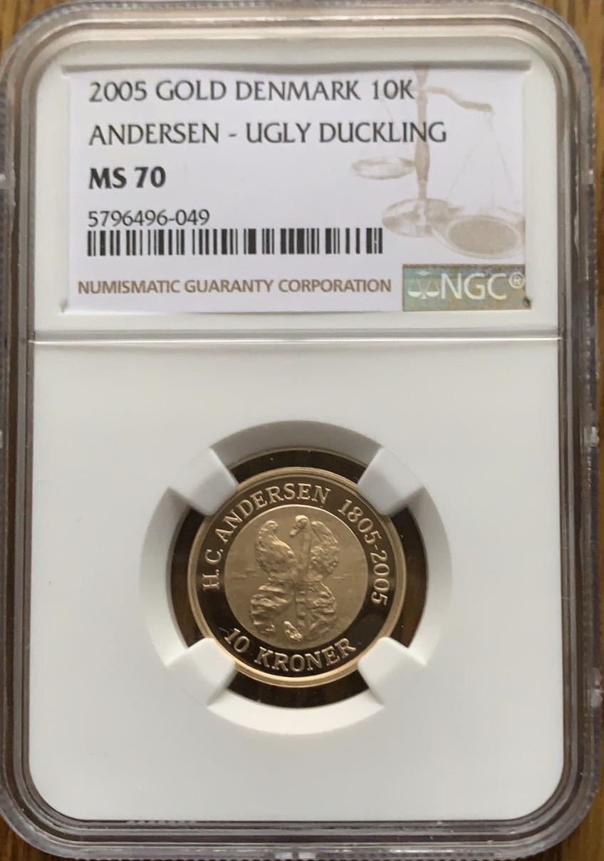 紫瑗钱币—微拍第43期  丹麦 2005年 安徒生童话 丑小鸭 10克朗 金币 8.65克 0.9金 NGC MS70