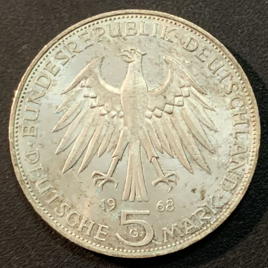 紫瑗钱币—微拍第43期  德国 1968年 G厂 古登贝格500周年 5马克 11.2克 0.625银