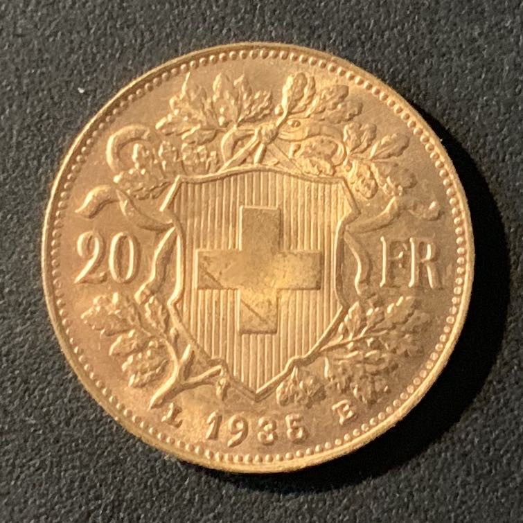 紫瑗钱币—微拍第43期  瑞士 1935年 雪山女神 20法郎 6.45克 0.9金 UNC