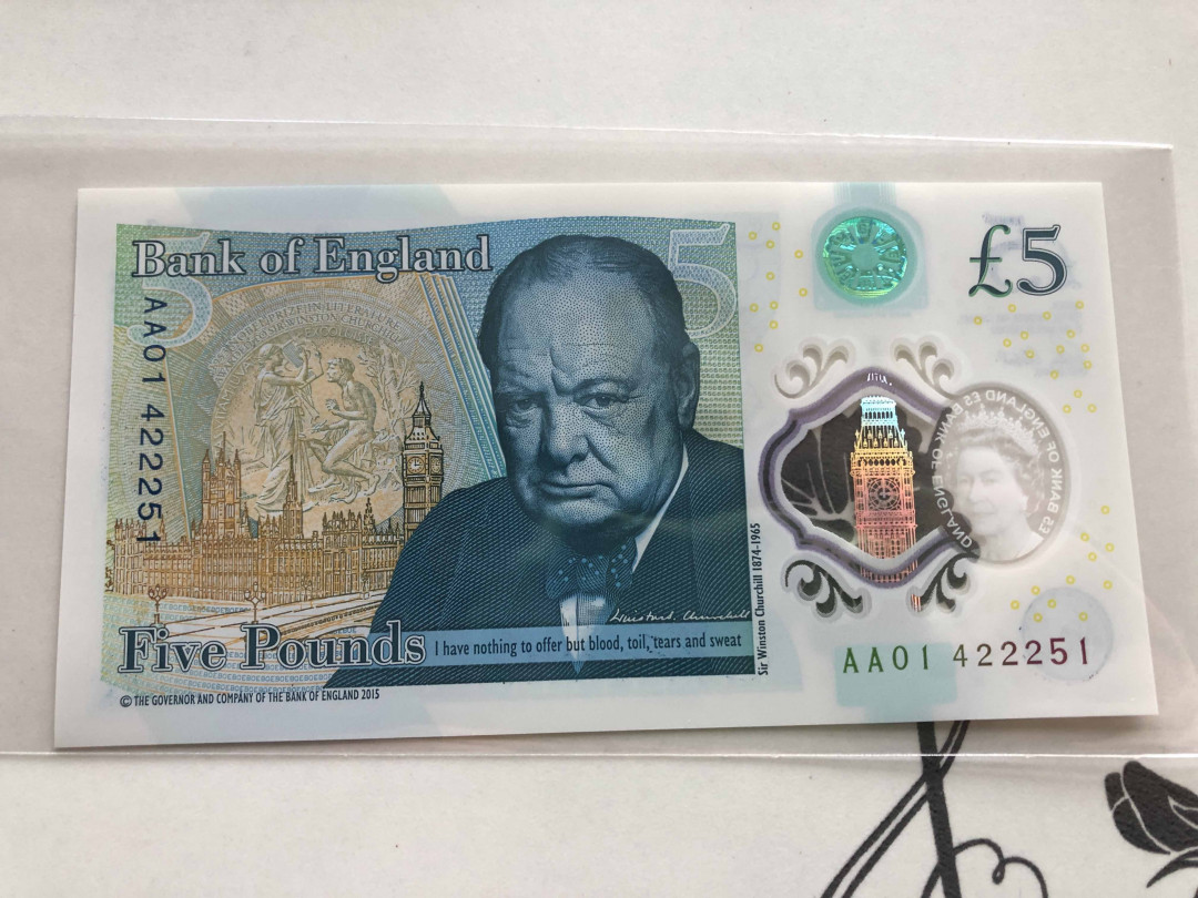 【收藏联盟】第130期拍卖——伊比利亚斗牛士（共55拍） 【AA01】英国 2015年5镑 塑料钞 丘吉尔 全新UNC