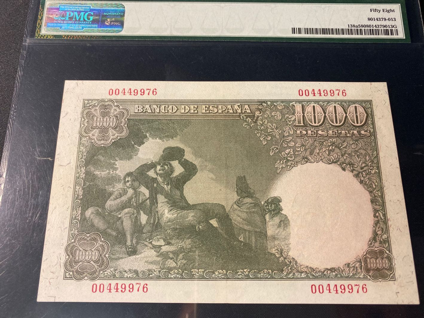 【收藏联盟】第130期拍卖——伊比利亚斗牛士（共55拍） 西班牙 1949年 1000比塞塔 p138a PMG58 较少见