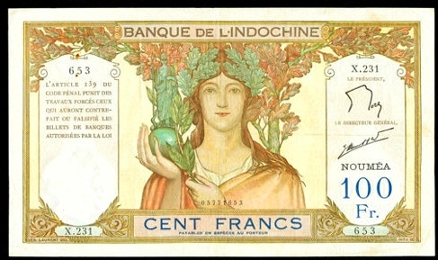 【收藏联盟】第130期拍卖——伊比利亚斗牛士（共55拍） 新喀里多尼亚 1963年100法郎 p42e 女神和四面佛 法属大票 精美 品相如图