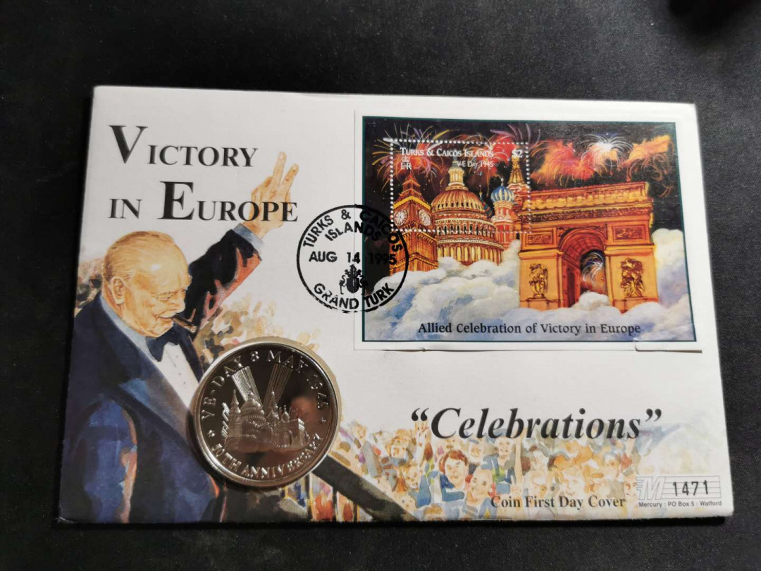 【鲸贝乐淘】千字文·第“男效才良”号拍卖 【特克斯和凯科斯群岛】英属殖民地，欧洲解放50周年，邮币封