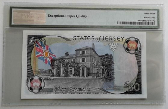 【收藏联盟】第130期拍卖——伊比利亚斗牛士（共55拍） 【41小号】泽西2000年50镑 PMG67EPQ 高分 女王纸币
