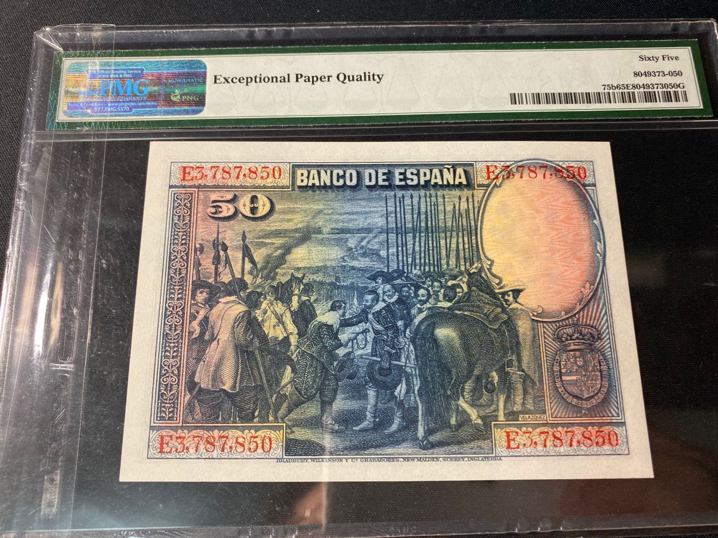 【收藏联盟】第130期拍卖——伊比利亚斗牛士（共55拍） 西班牙 1928年 50比塞塔 p75b PMG65EPQ BWC出品经典大方块