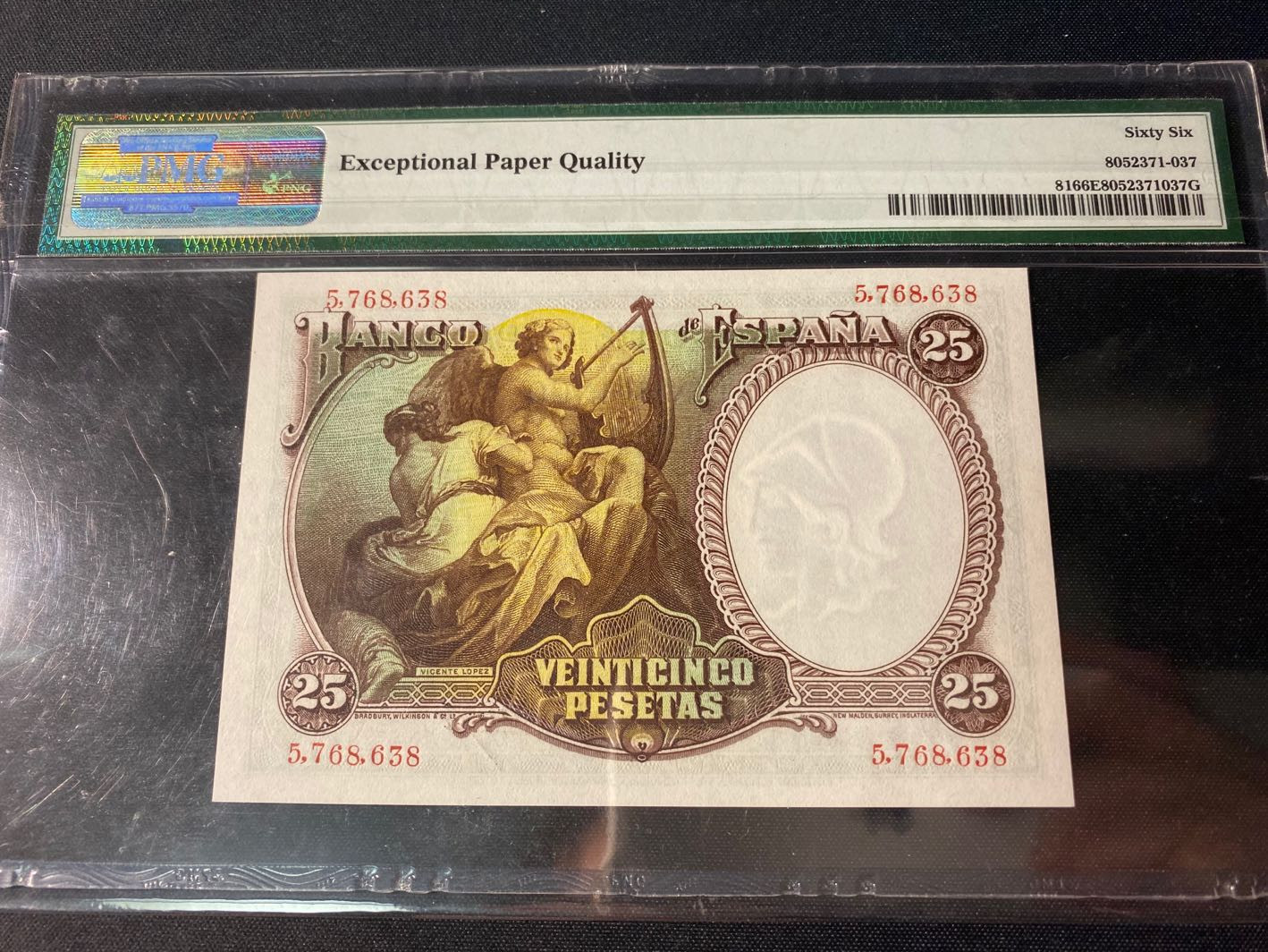 【收藏联盟】第130期拍卖——伊比利亚斗牛士（共55拍） 西班牙 1931年 25比塞塔 PMG66EPQ  小天使 BWC出品