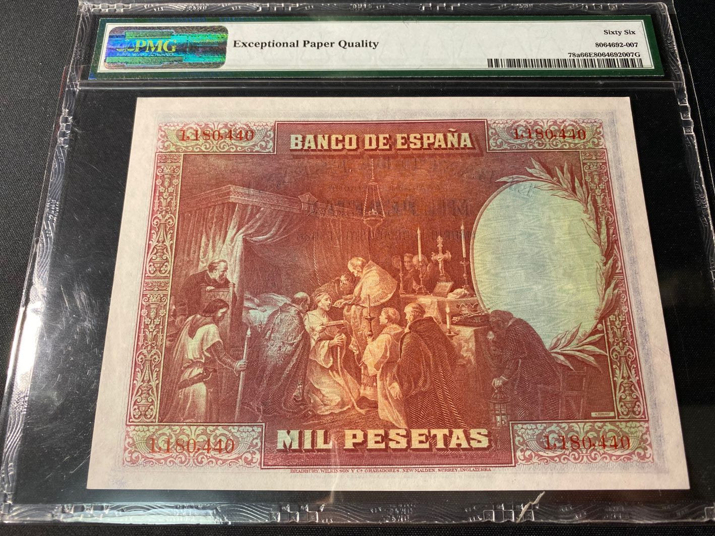 【收藏联盟】第130期拍卖——伊比利亚斗牛士（共55拍） 西班牙 1928年 1000比塞塔 PMG66EPQ 最高值 BWC出品