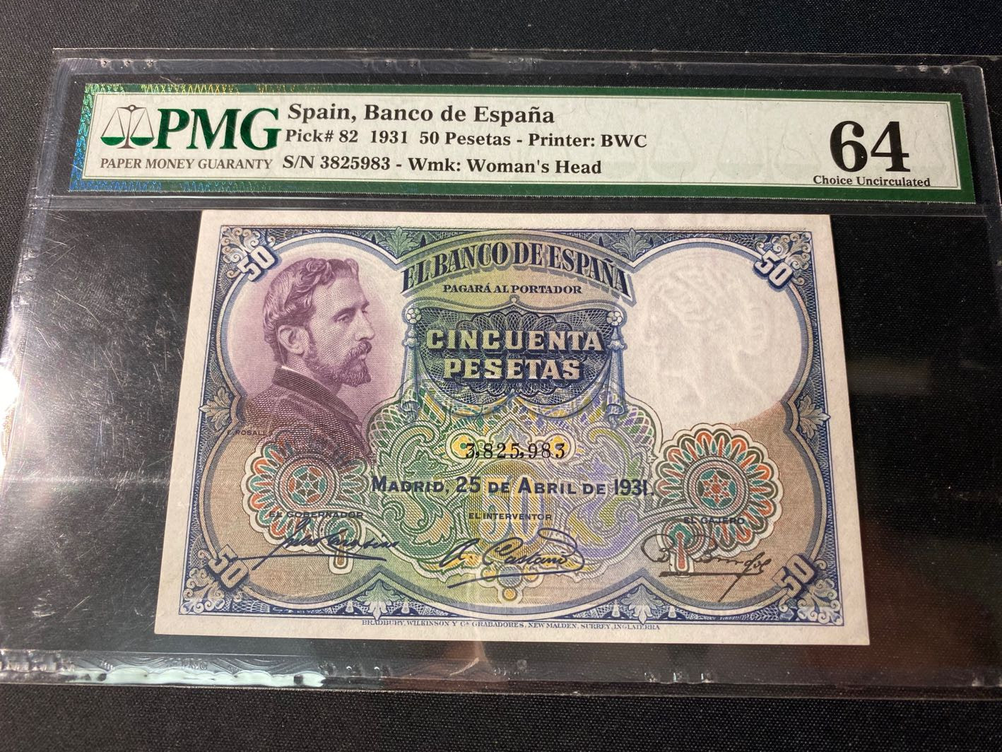 【收藏联盟】第130期拍卖——伊比利亚斗牛士（共55拍） 西班牙 1931年50比塞塔 PMG64 BWC出品