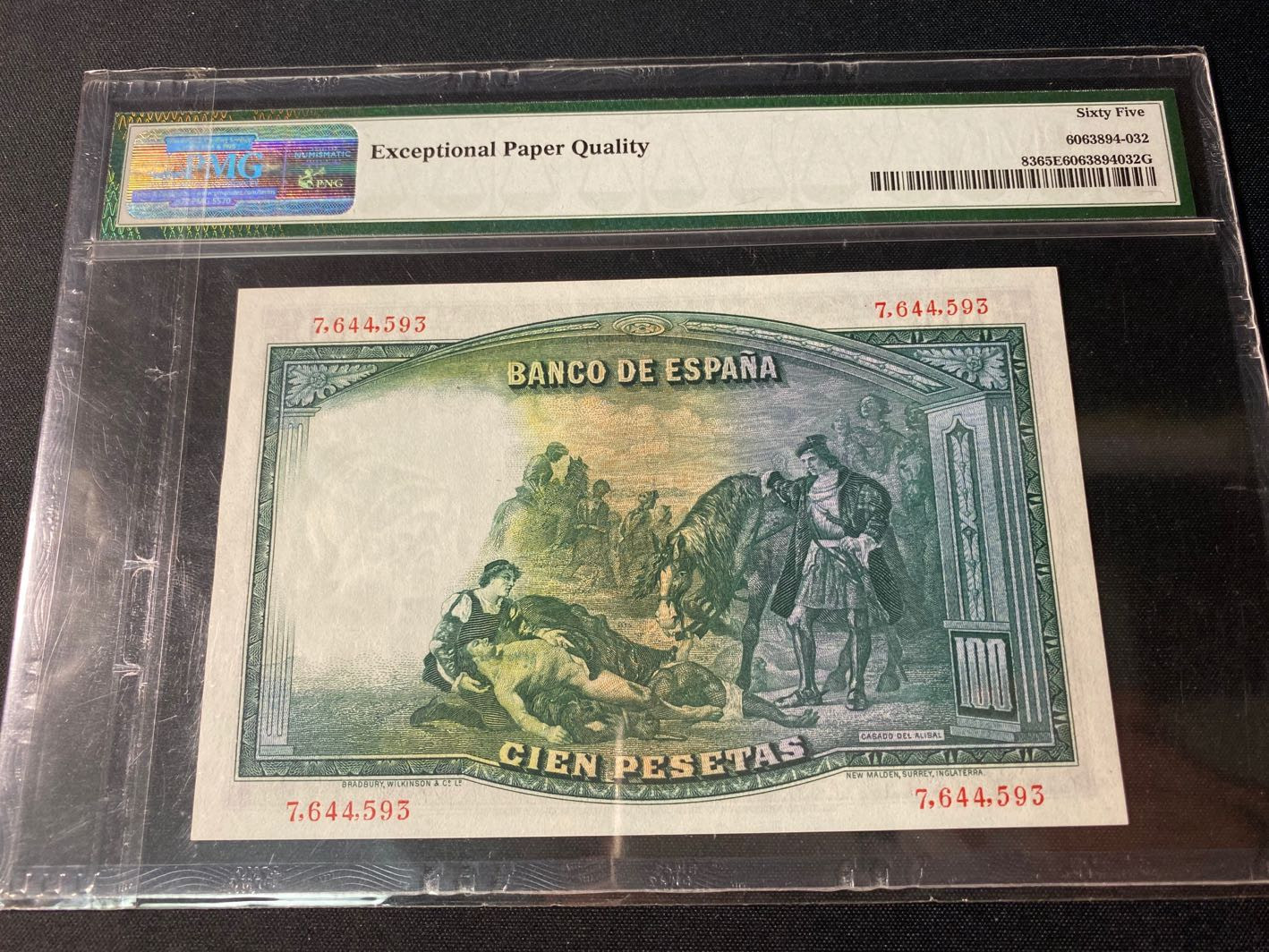 【收藏联盟】第130期拍卖——伊比利亚斗牛士（共55拍） 西班牙 1931年 100比塞塔 PMG65EPQ 原票经典BWC 
