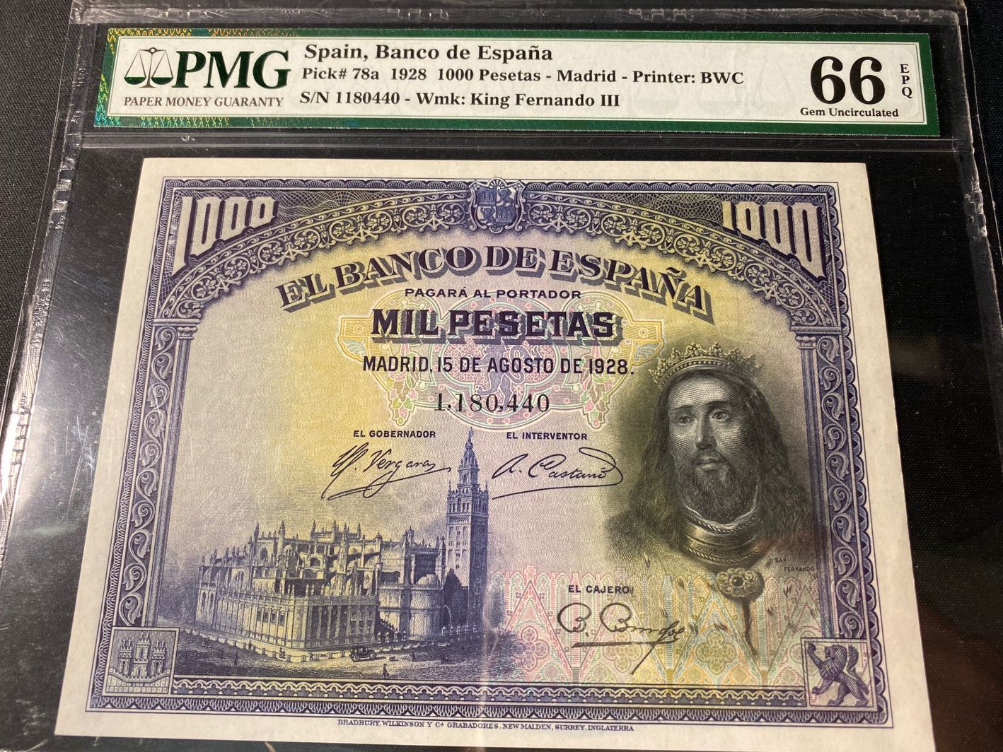 【收藏联盟】第130期拍卖——伊比利亚斗牛士（共55拍） 西班牙 1928年 1000比塞塔 PMG66EPQ 最高值 BWC出品