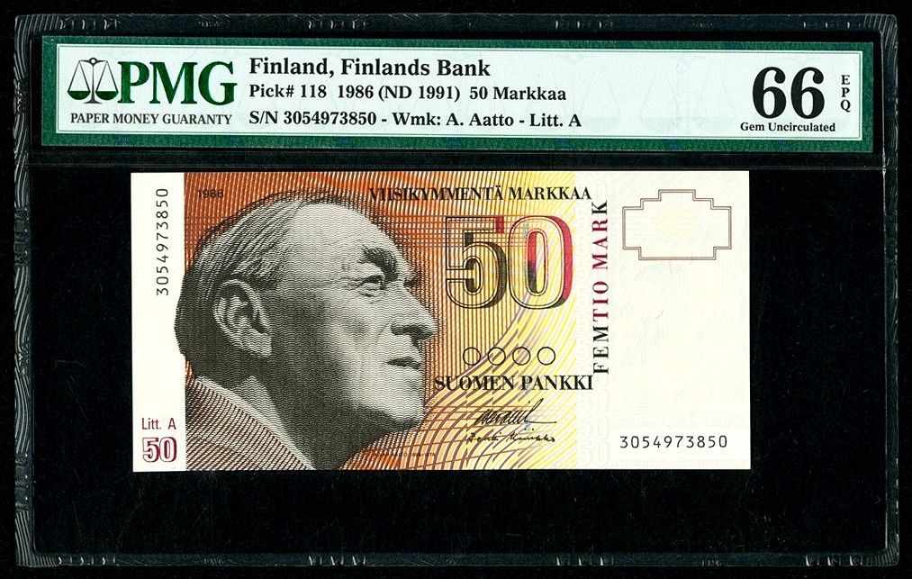 【收藏联盟】第130期拍卖——伊比利亚斗牛士（共55拍） 芬兰 1986年(ND1991) 50马克 PMG66EPQ p118