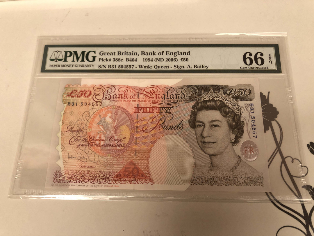 【收藏联盟】第130期拍卖——伊比利亚斗牛士（共55拍） 英国 2006年 50镑 PMG66EPQ  P388c 女王纸币