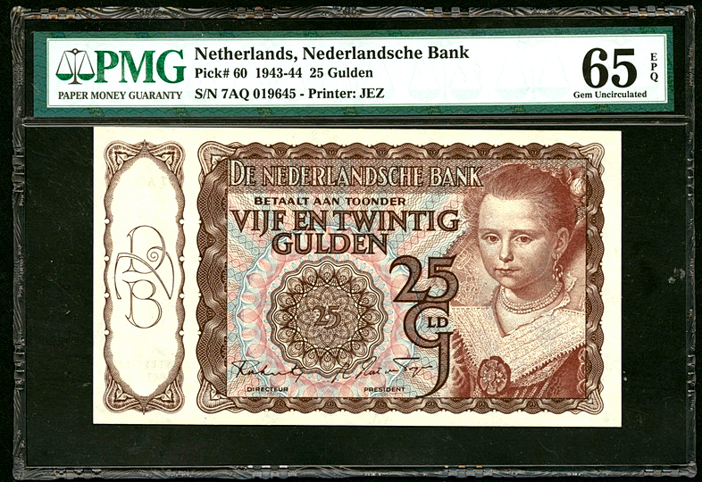 【收藏联盟】第130期拍卖——伊比利亚斗牛士（共55拍） 荷兰 1943-44年 25盾PMG65EPQ p60 JEZ作品 实物漂亮