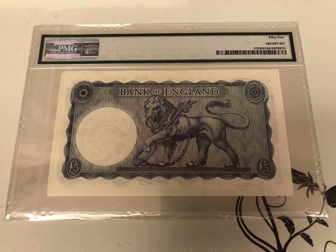 【收藏联盟】第130期拍卖——伊比利亚斗牛士（共55拍） 英国 B序列 5镑 p371 圣乔治屠龙 PMG55 