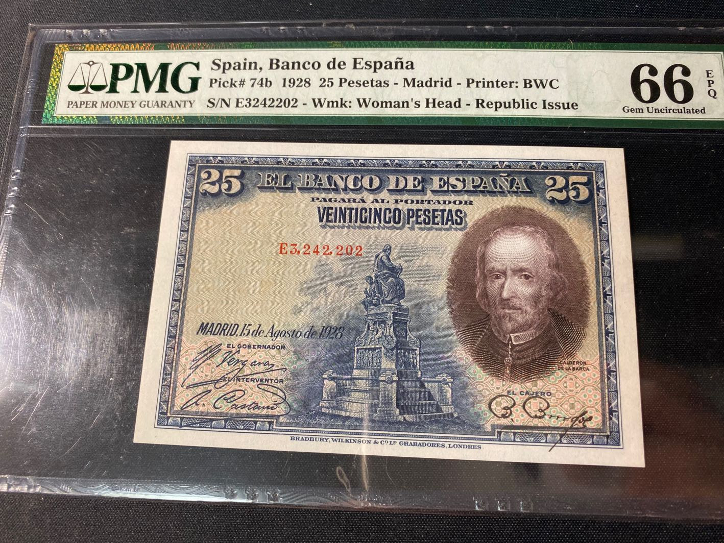 【收藏联盟】第130期拍卖——伊比利亚斗牛士（共55拍） 西班牙 1928年 25比塞塔 pmg66EPQ  BWC出品