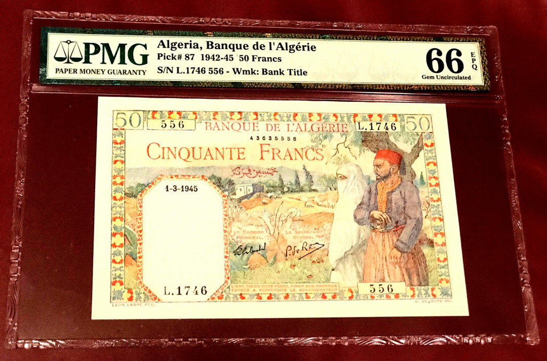 【收藏联盟】第130期拍卖——伊比利亚斗牛士（共55拍） 法属阿尔及利亚 1942-45年 50法郎 PMG66EPQ 圆形竞技场 设计精美 