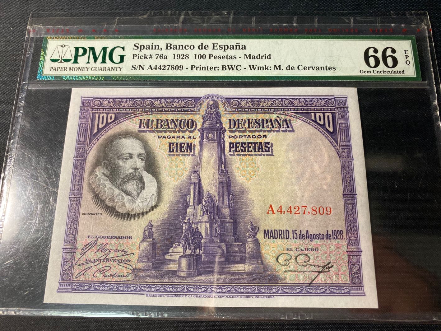 【收藏联盟】第130期拍卖——伊比利亚斗牛士（共55拍） 西班牙 1928年100比塞塔 pmg66EPQ  BWC出品