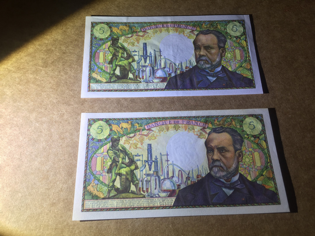 【收藏联盟】第130期拍卖——伊比利亚斗牛士（共55拍） 【一组2张】法国1967&1969年5法郎法国微生物学家、化学家、近代微生物学的奠基人巴斯德  AU/UNC-  精美