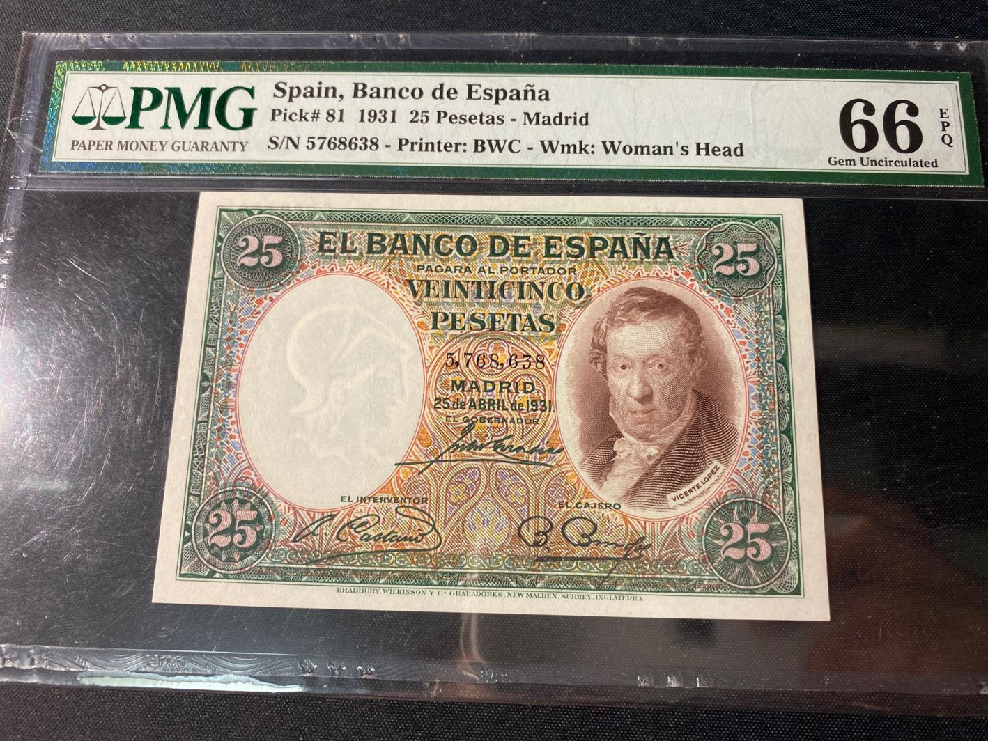 【收藏联盟】第130期拍卖——伊比利亚斗牛士（共55拍） 西班牙 1931年 25比塞塔 PMG66EPQ  小天使 BWC出品